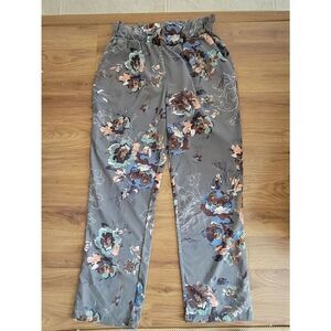 Wanderlux Floral Print Pants Gray Paperbag Waist Casual Trousers Large‎